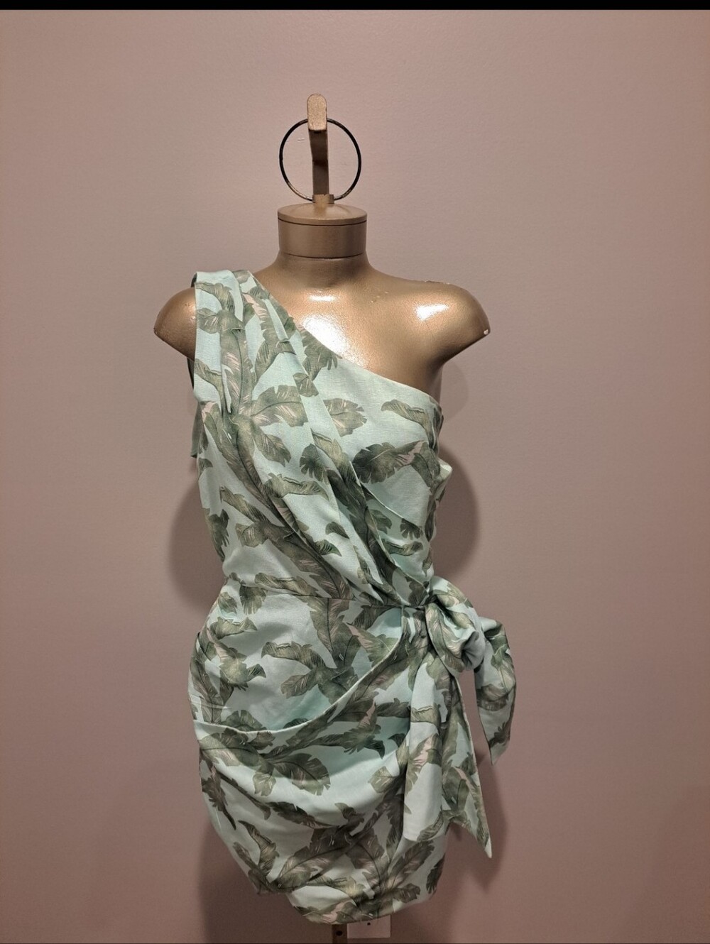 Significant Other Caroline Leaf Print Elegant One-Shoulder Green Dress